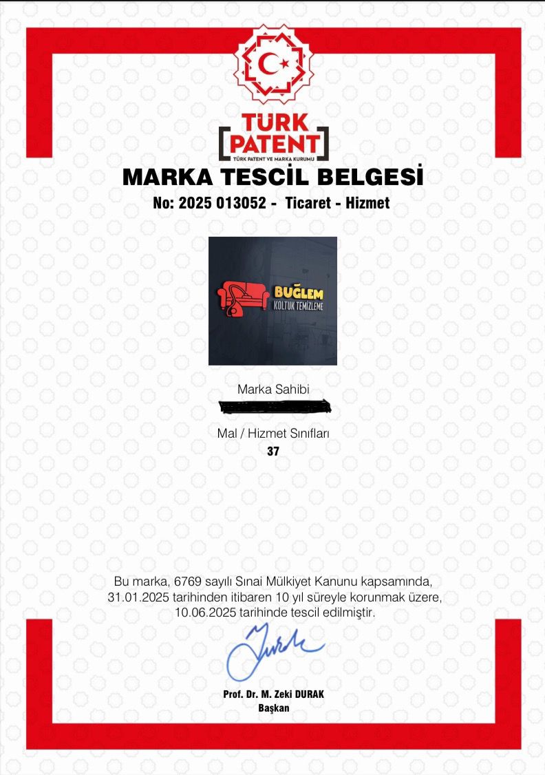 Patent Belgesi - Buğlem Koltuk Temizleme